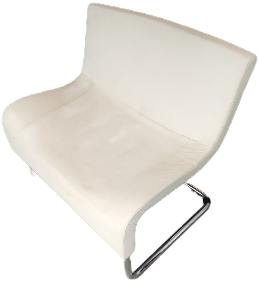 Vintage designer modern extra-wide upholstered side chair with chrome legs and naugahyde fabric.: The chair is generally in good condition consistent with its age probably going back to the 80s or 90s. There is some discoloration on the seat and creasing of the fabric as pictured in the photos. Pi