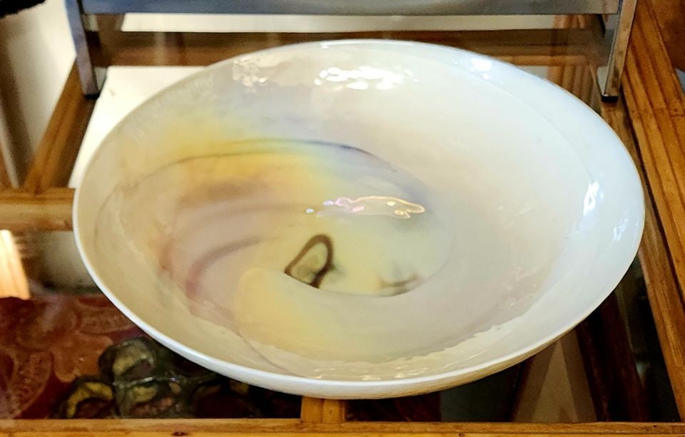 Elegant vintage ceramic centerpiece bowl w/ embedded mother-of-pearl abstract swirl design. 18'd: Elegant vintage ceramic centerpiece bowl w/ embedded mother-of-pearl abstract swirl design. 18'd Reserve: $100.00 Shipping: Domestic: Shipping rates are determined by destination Internation