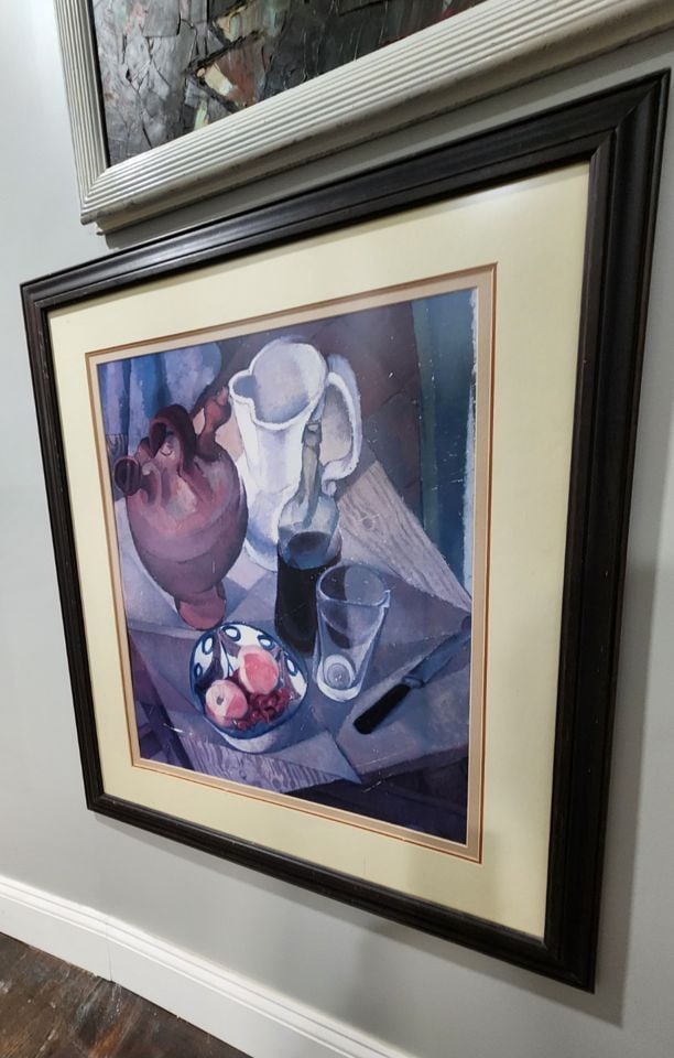 Diego Rivera large hi-end print of iconic 1913 cubist still life: Diego Rivera print iconic 1913 cubist still life housed in a deluxe double matted frame under non glare glass. This work showcases Rivera's early exploration of European avant-garde styles, particular