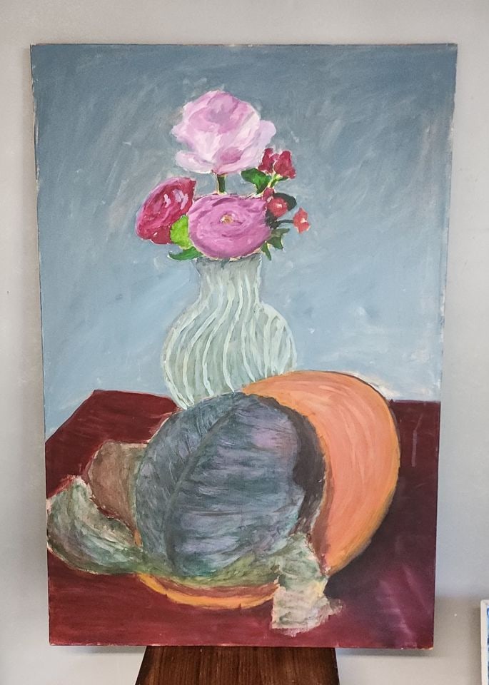 Vintage original expressionist floral still life oil painting w/ strong primitive influence...: Vintage original expressionist floral still life oil painting w/ strong primitive influence... Reserve: $150.00 Shipping: Domestic: Shipping rates are determined by destination International