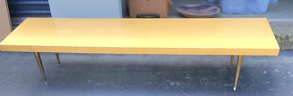 Classic Mid-Century Modern 6 ft Wood Coffee Table w/ Brass Legs. Circa 60s to 70s.: Classic Mid-Century Modern 6 ft Wood Coffee Table w/ Brass Legs. Circa 60s to 70s. Reserve: $180.00 Shipping: Domestic: Shipping rates are determined by destination International: Foreign sh