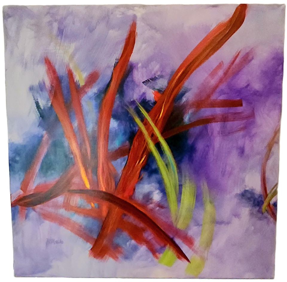 Alfred DiMaio, Signed original acrylic vivid abstract painting on linen titled "Red Friends". 36x36: Alfred DiMaio is a highly regarded contemporary artist based in Stamford, Connecticut, known for his imaginativAlfred DiMaio, Signed original acrylic vivid abstract painting on linen titled "Red Frien