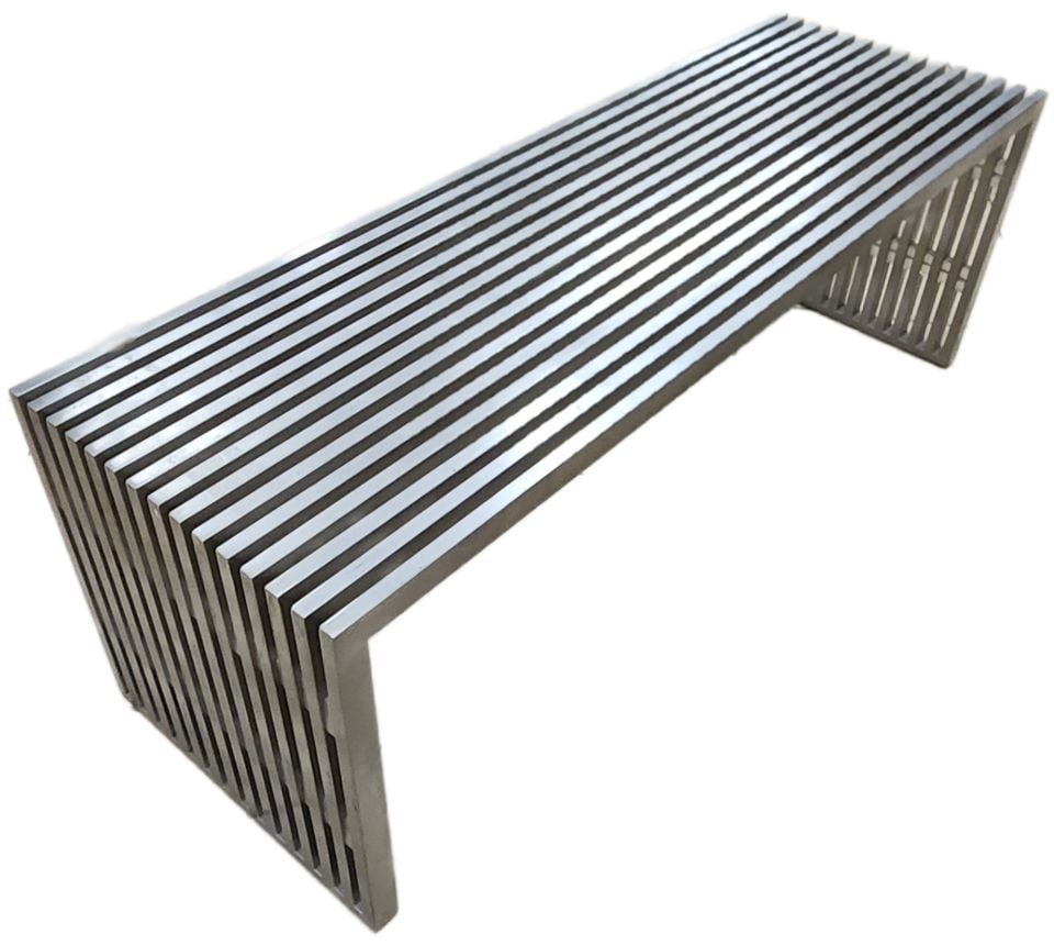 In the manner of Milo Baughman 47" high-design Mid-Century Modern brushed steel slat bench: Although this bench is attributed to Milo Baughman based upon our research basically and has the characteristics of his furniture, it is not signed and accordingly there is no assurance that it was de
