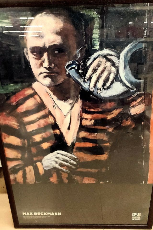Vintage 2001 poster celebrating Max Beckmann's 1938 renown painting Self-Portrait w/ Horn.: Max Beckmann's Self-Portrait with Horn was created in 1938. This influential work was painted after Beckmann's exile from Nazi Germany and reflects themes of identity and resilience amidst personal an