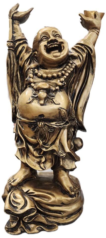 Rare Large vintage ceramic statue of "Laughing Buddha" also known as Maitreya or Hotei: The statue depicted is a Laughing Buddha, also known as Maitreya or Hotei. It is often associated with good luck, happiness, and wealth. This particular statue is designed to attract wealth and prospe