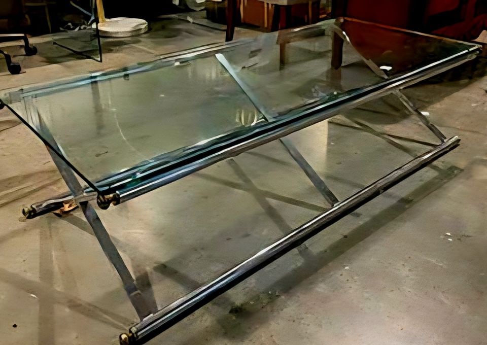 Vintage Mid-Century Modern Designer Chrome and Glass Coffee Table w/ brass accents.: Vintage Mid-Century Modern Designer Chrome and Glass Coffee Table w/ brass accents. Reserve: $500.00 Shipping: Domestic: Shipping rates are determined by destination International: Foreign s
