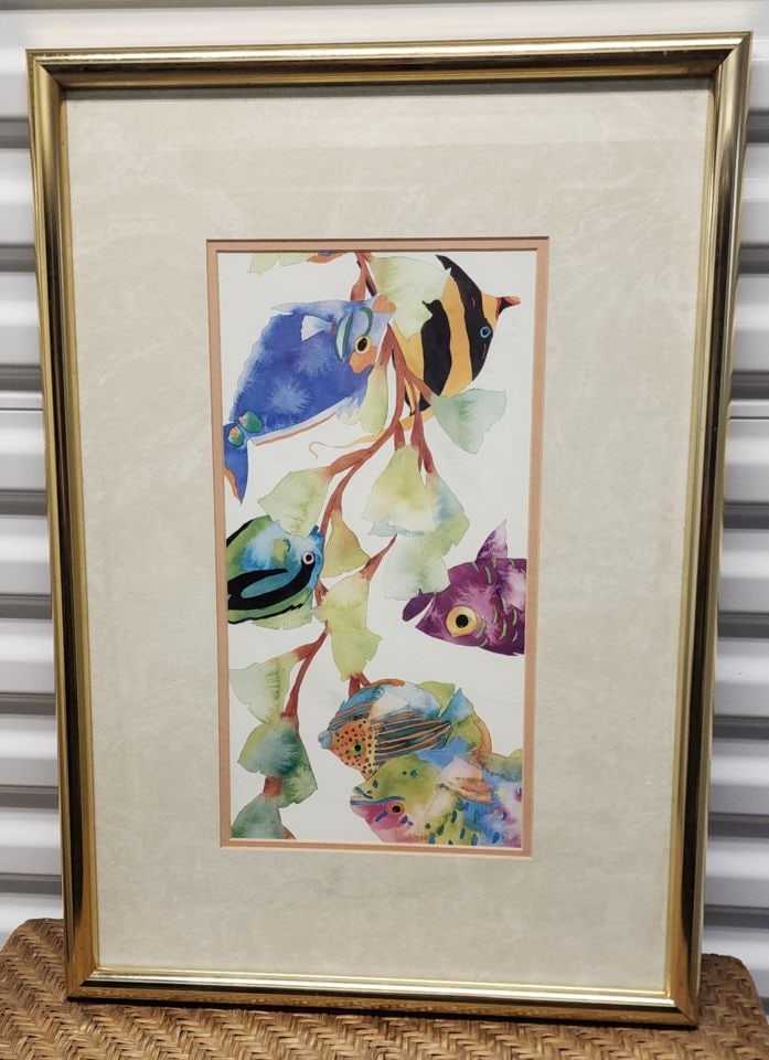2 of 2 vintage prints of Tracy Taylor watercolor featuring collage of brilliantly colored fish.: 2 of 2 vintage prints of Tracy Taylor watercolor featuring collage of brilliantly colored fish. Reserve: $150.00 Shipping: Domestic: Shipping rates are determined by destination Internationa