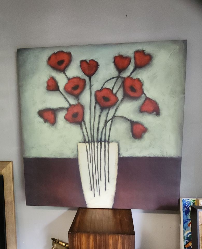 Large floral abstract still life giclee print on canvas creating a bold artistic minimalist image.: Large floral abstract still life giclee print on canvas creating a bold artistic minimalist image. Reserve: $100.00 Shipping: Domestic: Shipping rates are determined by destination Internati