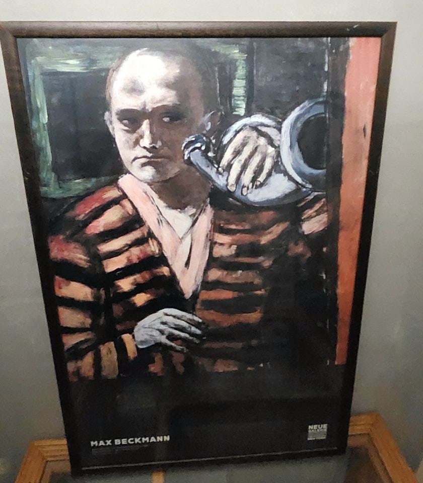Max Beckmann, Neue Gallery 2001 poster celebrating his 1938 painting Self-Portrait w/ Horn: Max Beckmann's Self-Portrait with Horn was created in 1938. This influential work was painted after Beckmann's exile from Nazi Germany and reflects themes of identity and resilience amidst personal an