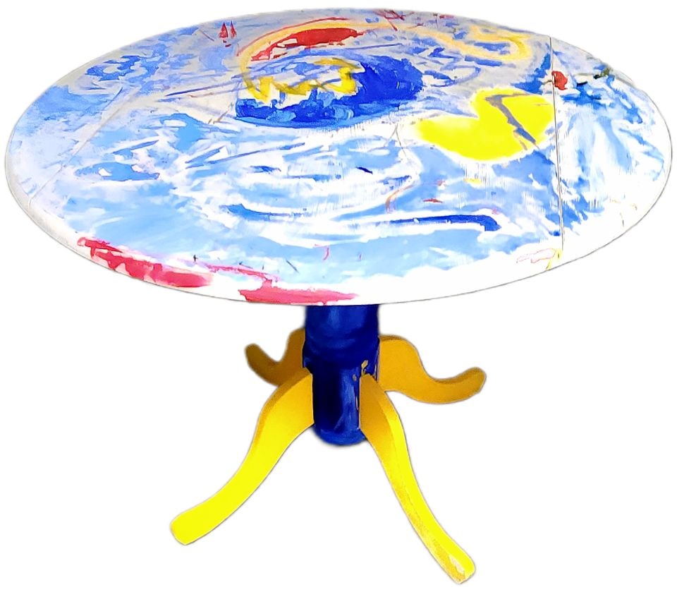 Amazing hand-painted dining table w/ drop leaves... perfect for a kitchen or dinette. 40" diameter.: Amazing hand-painted dining table w/ drop leaves... perfect for a kitchen or dinette. 40" diameter. Reserve: $150.00 Shipping: Domestic: Shipping rates are determined by destination Internat