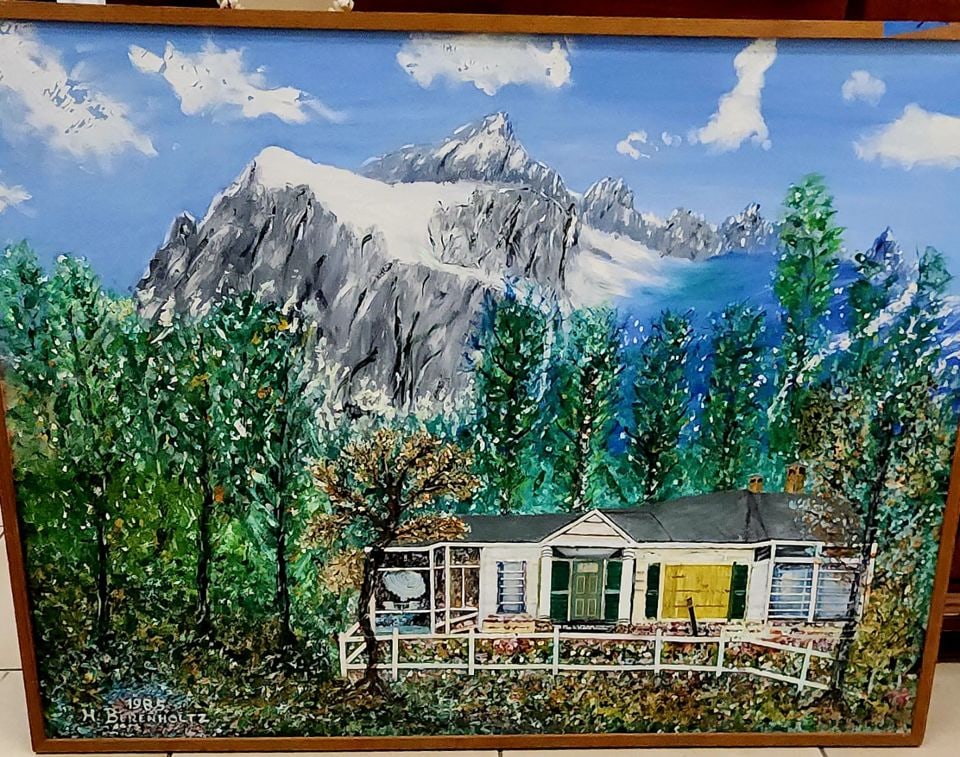 H. Berenholtz, 48x40 signed 1985 textured impressionist country landscape mixed media oil painting.: H. Berenholtz, 48x40 signed 1985 textured impressionist country landscape mixed media oil painting. Reserve: $400.00 Shipping: Domestic: Shipping rates are determined by destination Internat