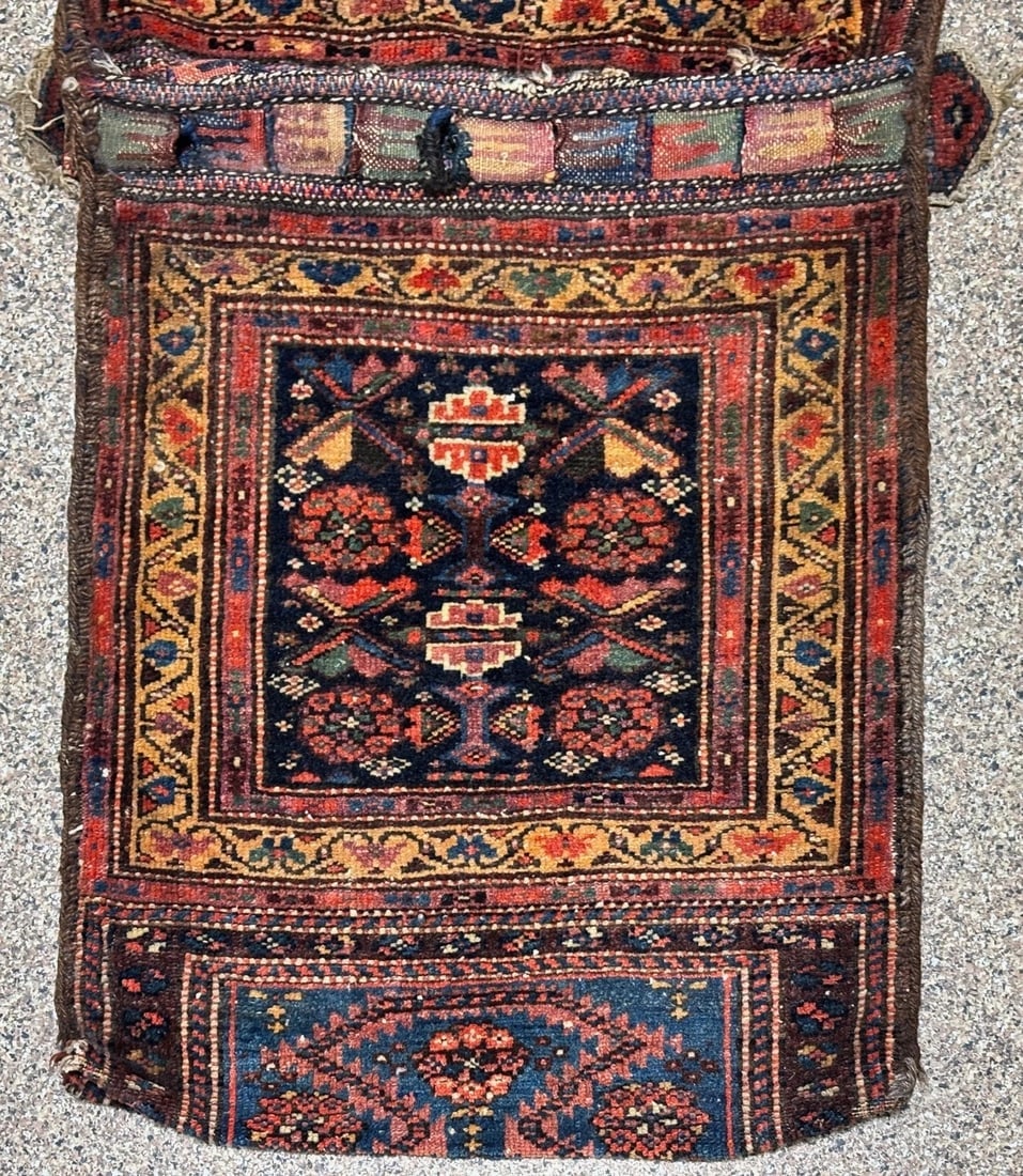 Hand-Knotted Antique Persian Farahan Tribal Double Saddle Bag Wool Rug 1'9" x 4'3" - 13
