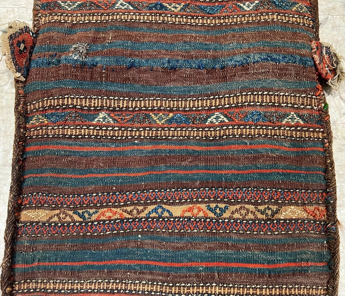 Hand-Knotted Antique Persian Farahan Tribal Double Saddle Bag Wool Rug 1'9" x 4'3" - 9