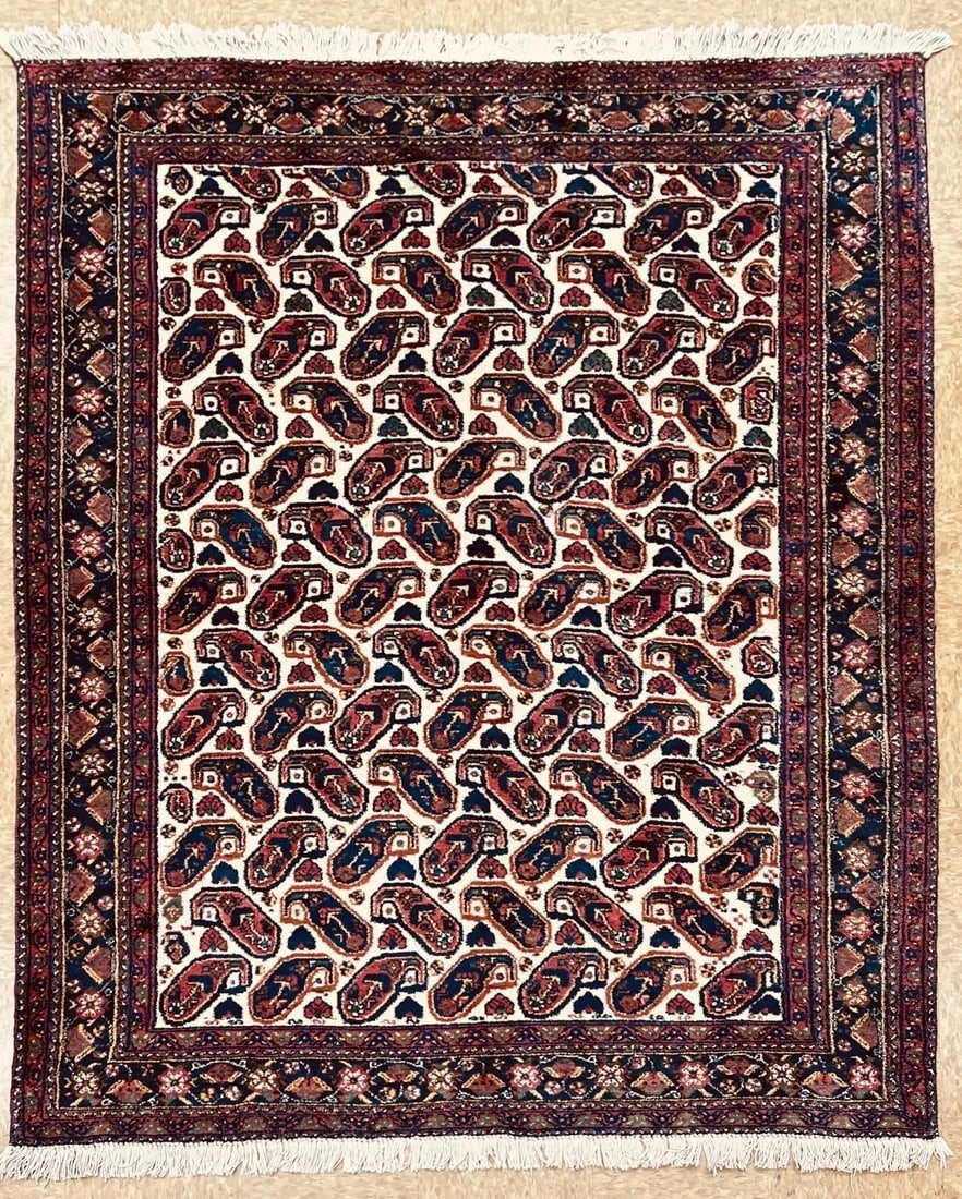 Hand-Knotted Semi-Antique Persian Sirjan Paisley Ivory Wool Oriental Rug 5'5" x 7'2" - 11