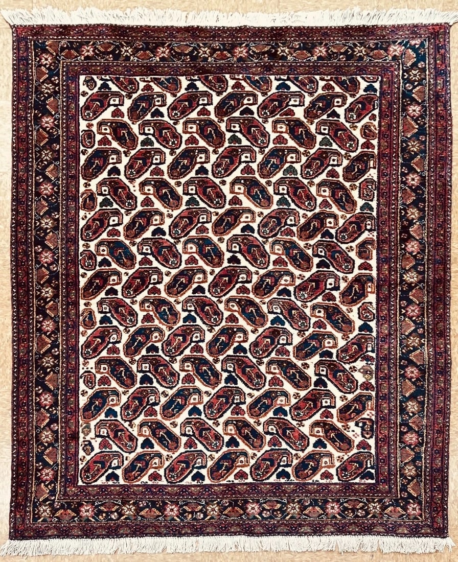 Hand-Knotted Semi-Antique Persian Sirjan Paisley Ivory Wool Oriental Rug 5'5" x 7'2" - 12