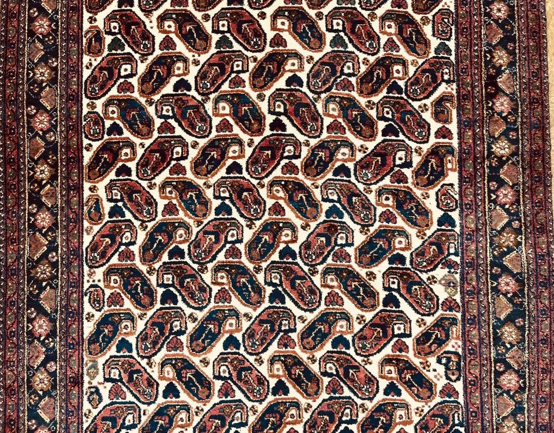 Hand-Knotted Semi-Antique Persian Sirjan Paisley Ivory Wool Oriental Rug 5'5" x 7'2" - 3