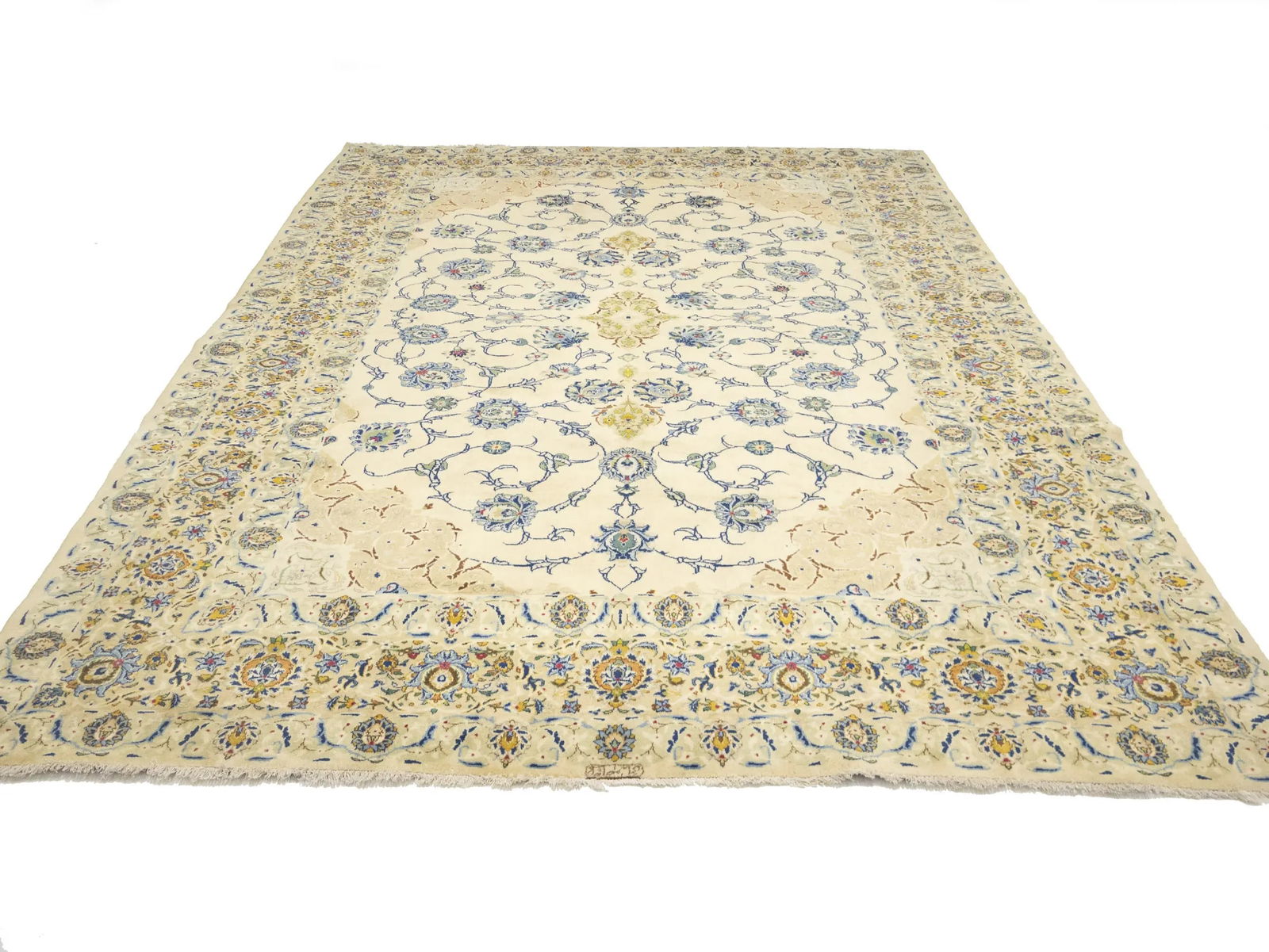 Semi Antique Cream Floral 8X12 Kashan Darbari Persian Rug - 5