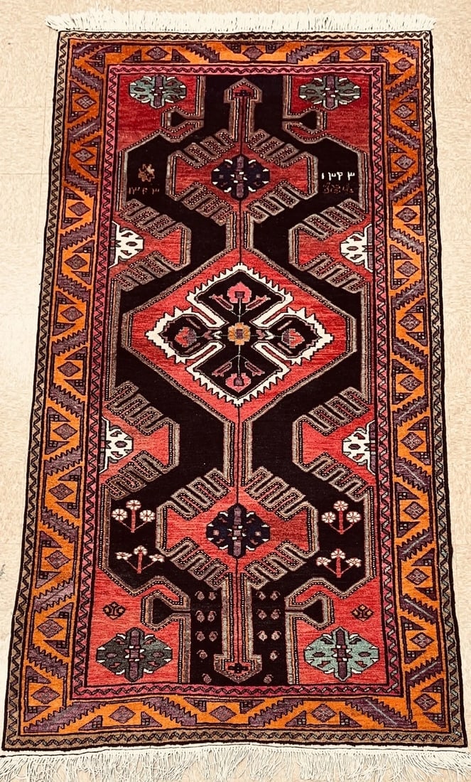 Antique Persian Hamedan Hand-Knotted Navy Geometric Wool Area Rug 4'11"x9'5" - 2