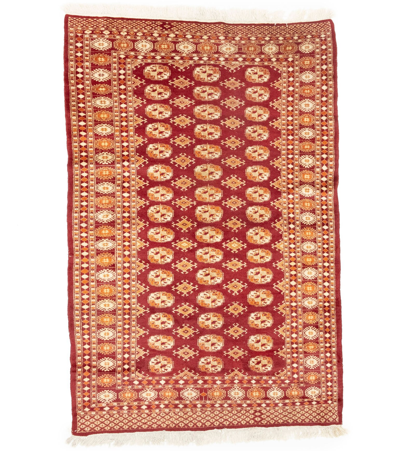 Vintage Red Tribal 4X6 Turkoman Bokhara Oriental Rug: Title: Vintage Red Tribal 4X6 Turkoman Bokhara Oriental Rug Description:Handmade 4X6 red oriental rug made with vegetable dyes (fine wool pile and cotton foundation), exceptional knot count, and appea
