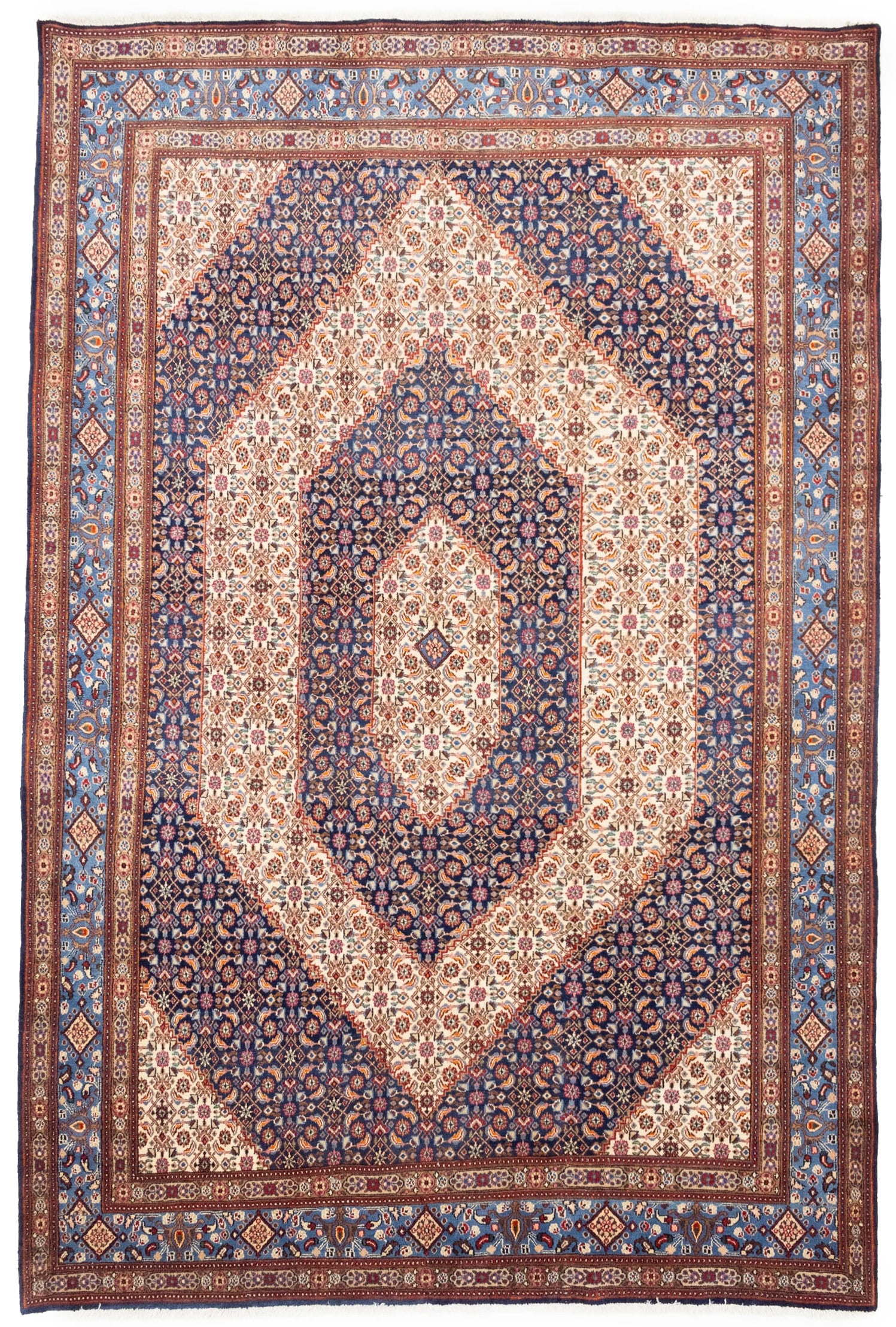 Vintage Cream Floral Classic 7X11 Mood Persian Rug: Title: Vintage Cream Floral Classic 7X11 Mood Persian Rug Description:Handmade vintage 7X11 cream traditional rug made with natural dyes (fine wool pile and cotton foundation), superior knot count, an