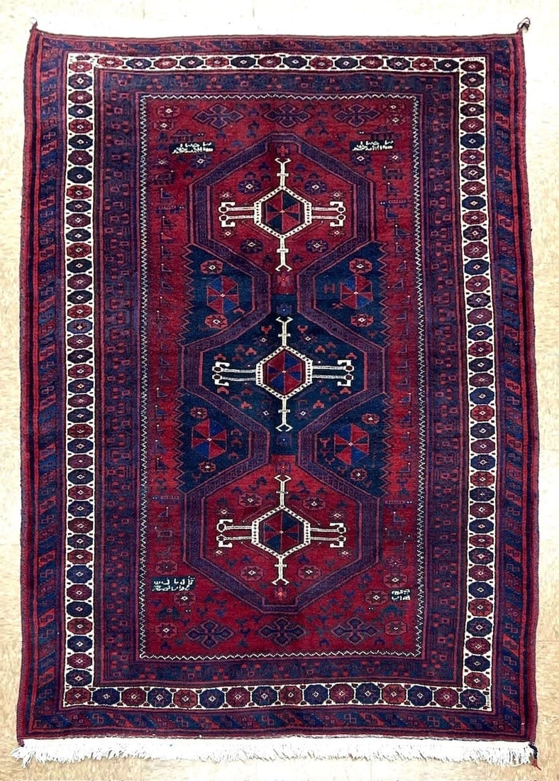 Hand-Knotted Persian Sirjan Antique Red Blue Wool Oriental Tribal Area Rug 4'6" x 7'5" - 12