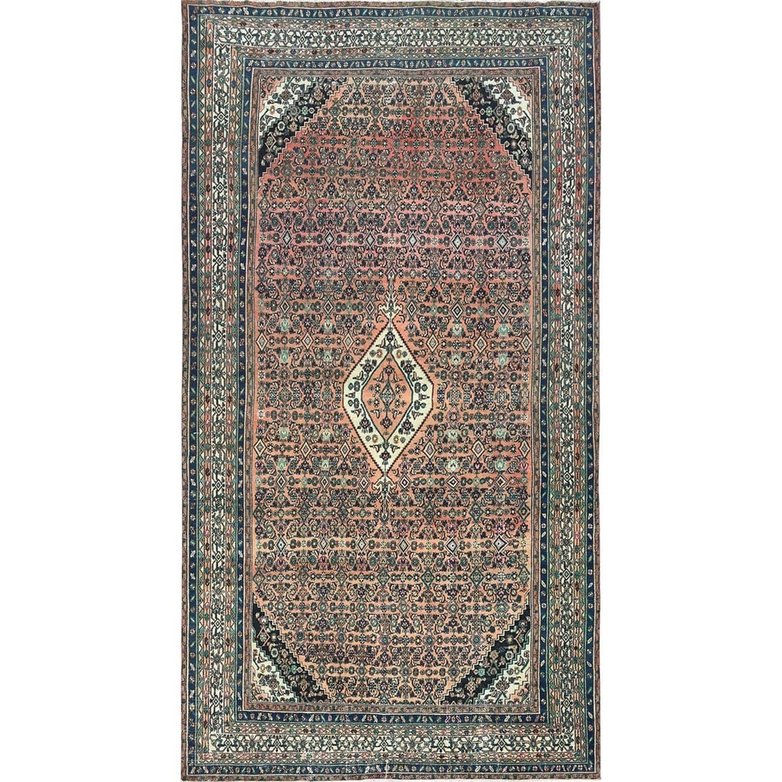 Salmon Color Vintage Persian Bibikabad Hand Knotted Wool Runner Rug: Title: Salmon Color Vintage Persian Bibikabad Hand Knotted Wool Runner Rug Description: This is a truly genuine one-of-a-kind. It has been Knotted for months and months in the centuries-old weaving cr