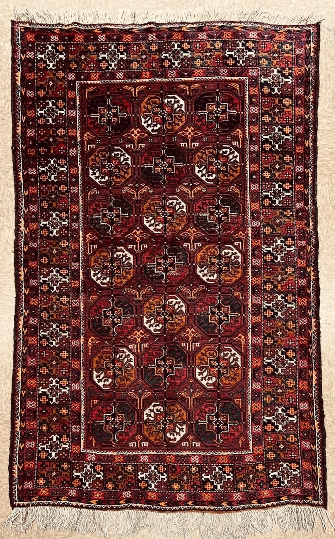 Antique Persian Balouch Hand Knotted Tribal Maroon Wool Oriental Area Rug 4'1" x 6'7" - 11