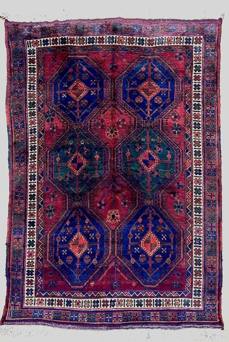 Hand-Knotted Antique Persian Afshar Maroon Wool Tribal Oriental Area Rug 4'2" x 6'5" - 12