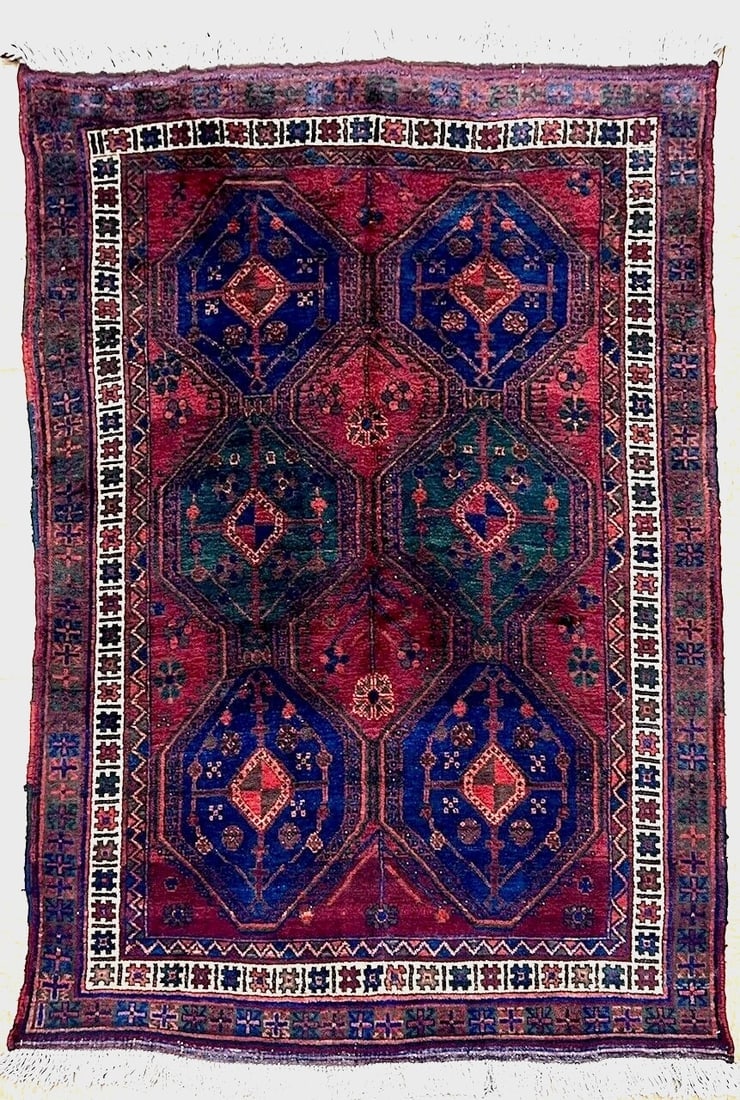 Hand-Knotted Antique Persian Afshar Maroon Wool Tribal Oriental Area Rug 4'2" x 6'5"