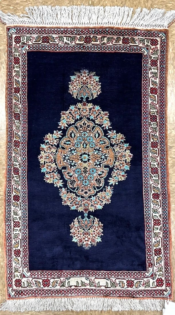 Hand-Knotted Persian Qum Semi-Antique 100% Silk Navy Ivory Rug 1'11" x 3'3"