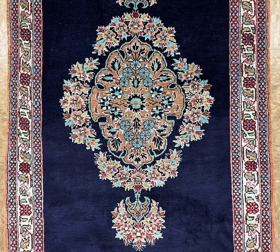 Hand-Knotted Persian Qum Semi-Antique 100% Silk Navy Ivory Rug 1'11" x 3'3" - 3