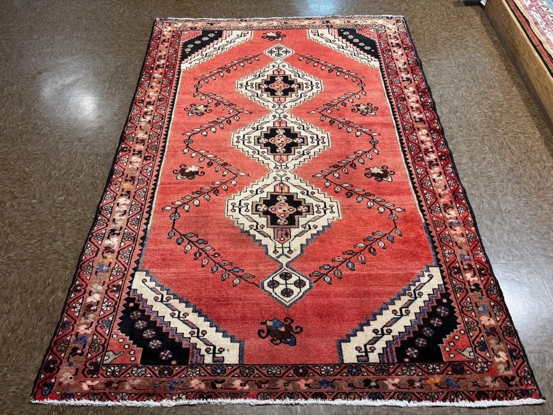 Hand Knotted Persian Saveh Red Geometric Wool Vintage Oriental Area Rug 4'7" x 6'6" - 6