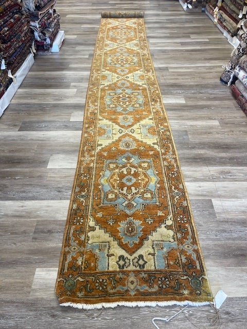 Vintage Indo-Persian Geometric Serab Runner-4293: Title:Vintage Indo-Persian Geometric Serab Runner-4293 Description:An antique indo- Persian runner from India, size 2 ft. 7 inches by 19 ft, circa 1980 ion a beautiful tabaco color background, excelle
