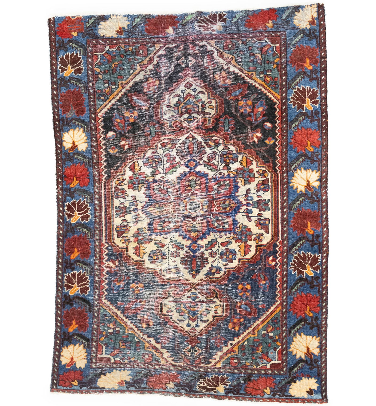 Semi Antique Floral Tribal 4X6 Hamedan Persian Rug: Title: Semi Antique Floral Tribal 4X6 Hamedan Persian Rug Description:Handmade vintage 4X6 cream Persian rug made with vegetable dyes (fine wool pile and cotton foundation), exceptional knot count, an