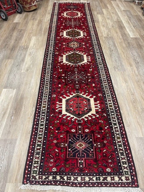 Vintage Persian Karajeh Runner-5274: Title:Vintage Persian Karajeh Runner-5274 Description:Powerful Vintage Persian Karajeh Runner from northwest persia, size 2 ft. 10 inches by 12 ft.6 inches circa 1980 in excellent condition with all o