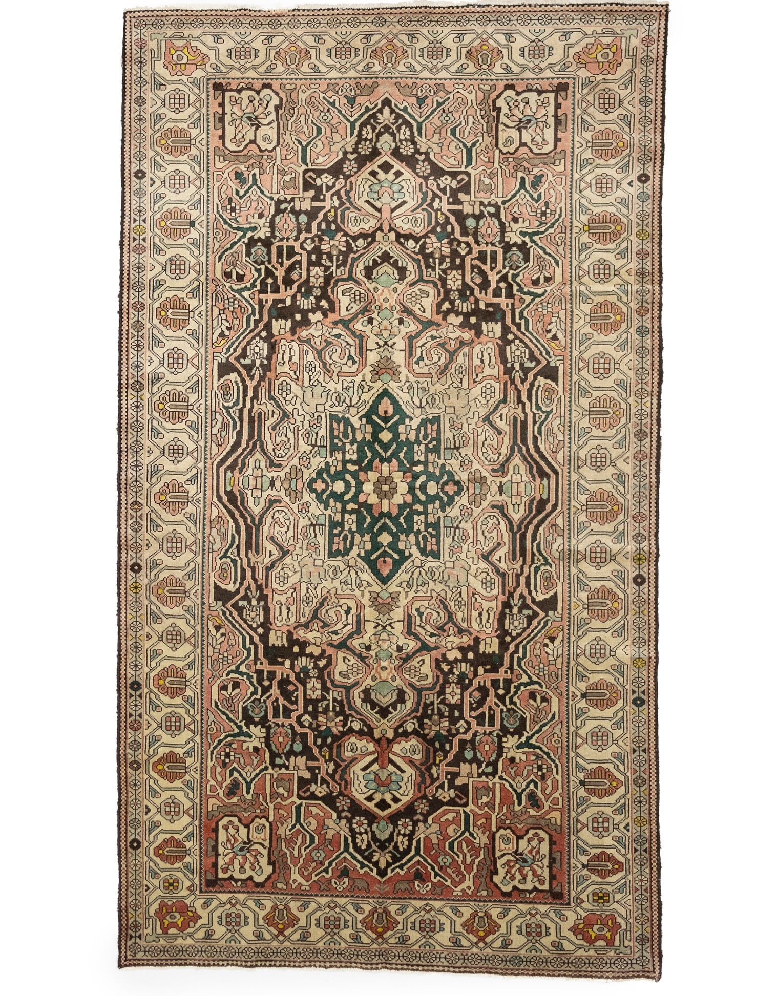 Semi Antique Muted Brown Floral 5'5X9'7 Vintage Oriental Rug: Title: Semi Antique Muted Brown Floral 5'5X9'7 Vintage Oriental Rug Description:Hand Knotted 5'5X9'7 Brown rug made with vegetable dyes (fine wool pile and cotton foundation), exceptional knot count,