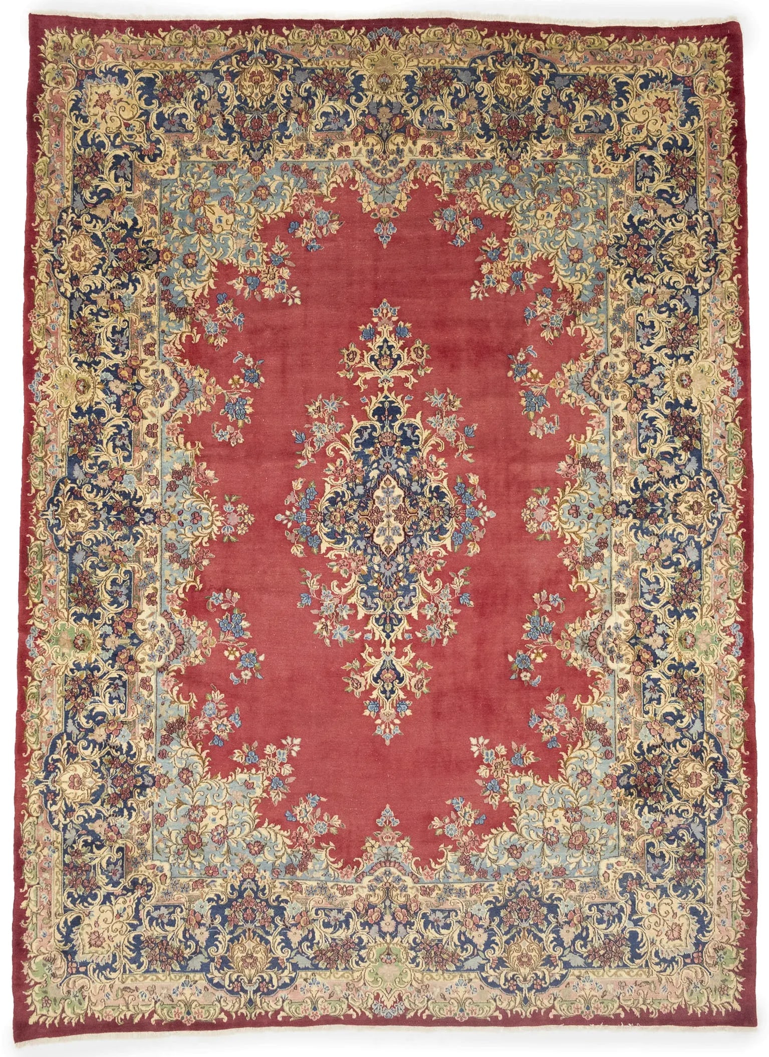 Semi Antique Red Traditional Floral 10X14 Kerman Persian Rug: Title: Semi Antique Red Traditional Floral 10X14 Kerman Persian Rug Description:Handmade semi antique 10X14 red Persian rug made with vegetable dyes (fine wool pile and cotton f
