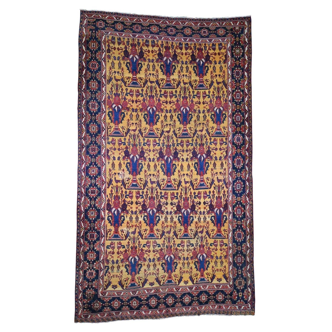 Golden Yellow Antique Persian Bakhtiari Pure Wool Hand-Knotted Rug: Title: Golden Yellow Antique Persian Bakhtiari Pure Wool Hand-Knotted Rug Description: This is a truly genuine one-of-a-kind. It has been Knotted for months and months in the centuries-old weaving cra