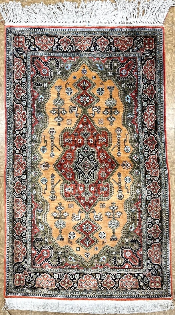Hand-Knotted Persian Qum 100% Silk Semi-Antique Gold Oriental Rug 2'8" x 4'3"
