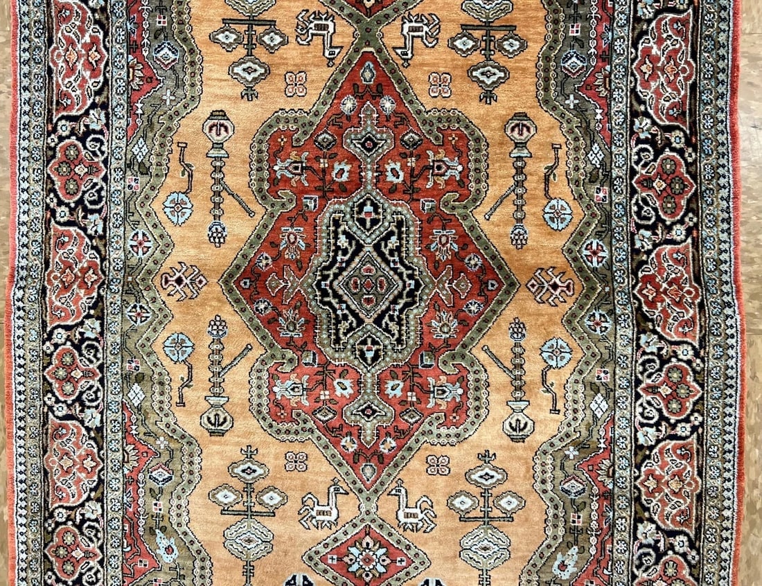 Hand-Knotted Persian Qum 100% Silk Semi-Antique Gold Oriental Rug 2'8" x 4'3" - 3