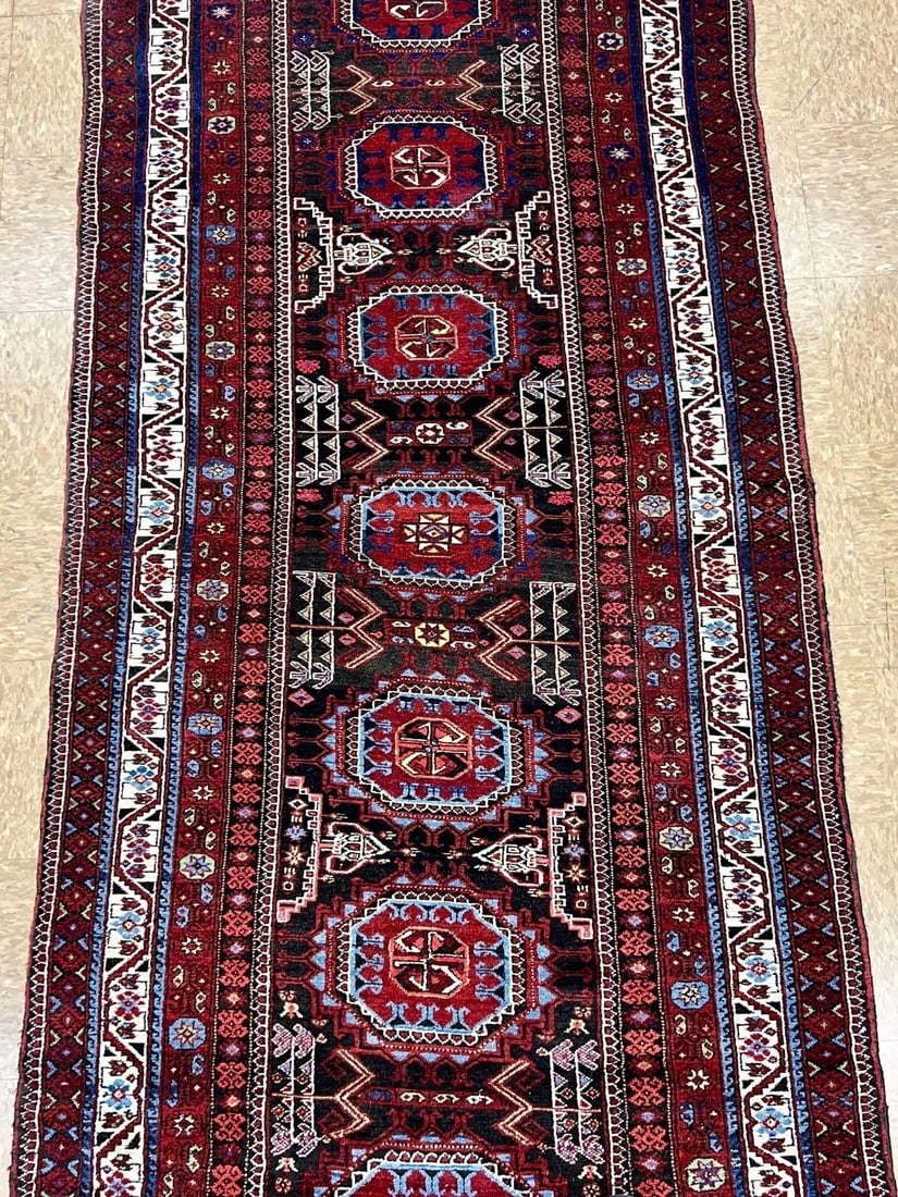 Hand-Knotted Antique Persian Balouch Tribal Runner Wool Rug 3'5" x 9'5" - 9