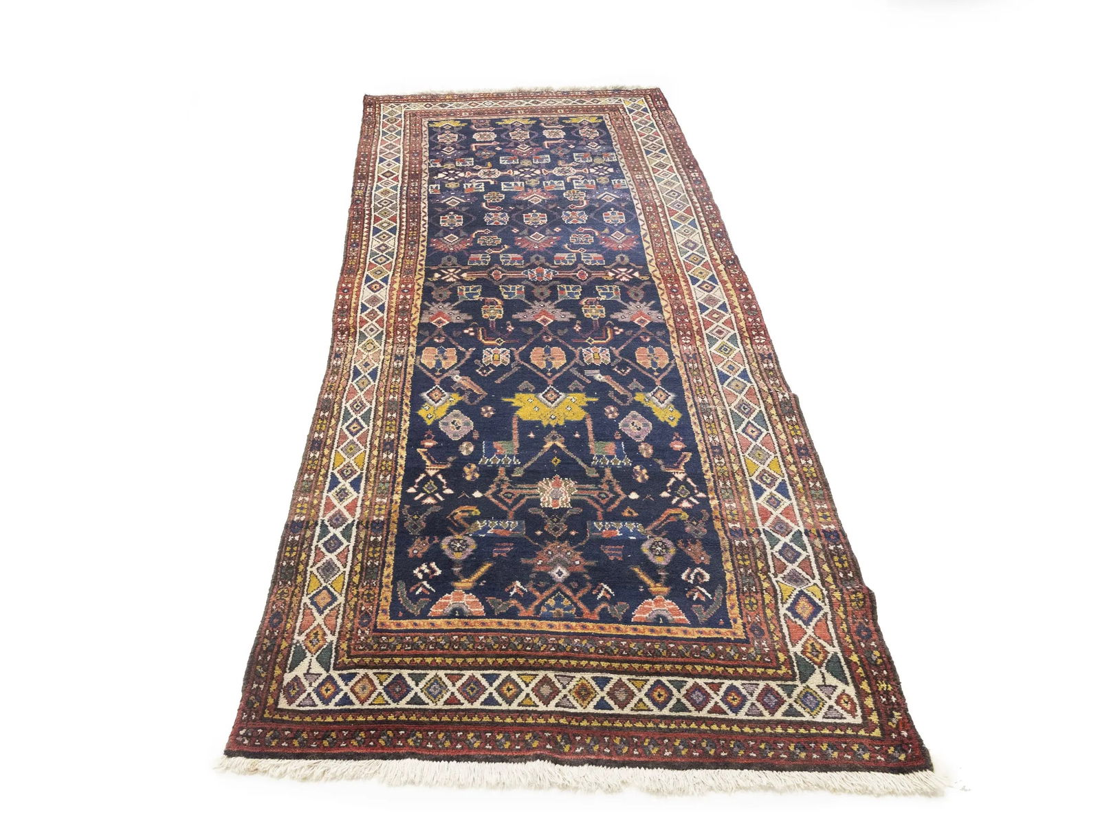 Semi Antique Purple-navy Floral 4X10 Hamedan Persian Runner Rug: Title: Semi Antique Purple-navy Floral 4X10 Hamedan Persian Runner Rug Description:Handmade vintage 4X10 purple-navy original runner made with vegetable dyes (fine wool pile and cotton foundation), ex
