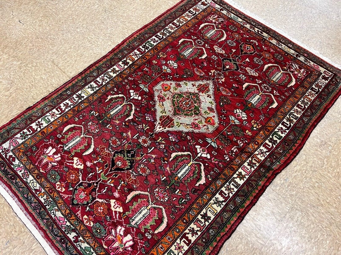 Hand-Knotted Sarouk Semi-Antique Wool Reds Blues Oriental Area Rug 4'6" x 6'9" - 7