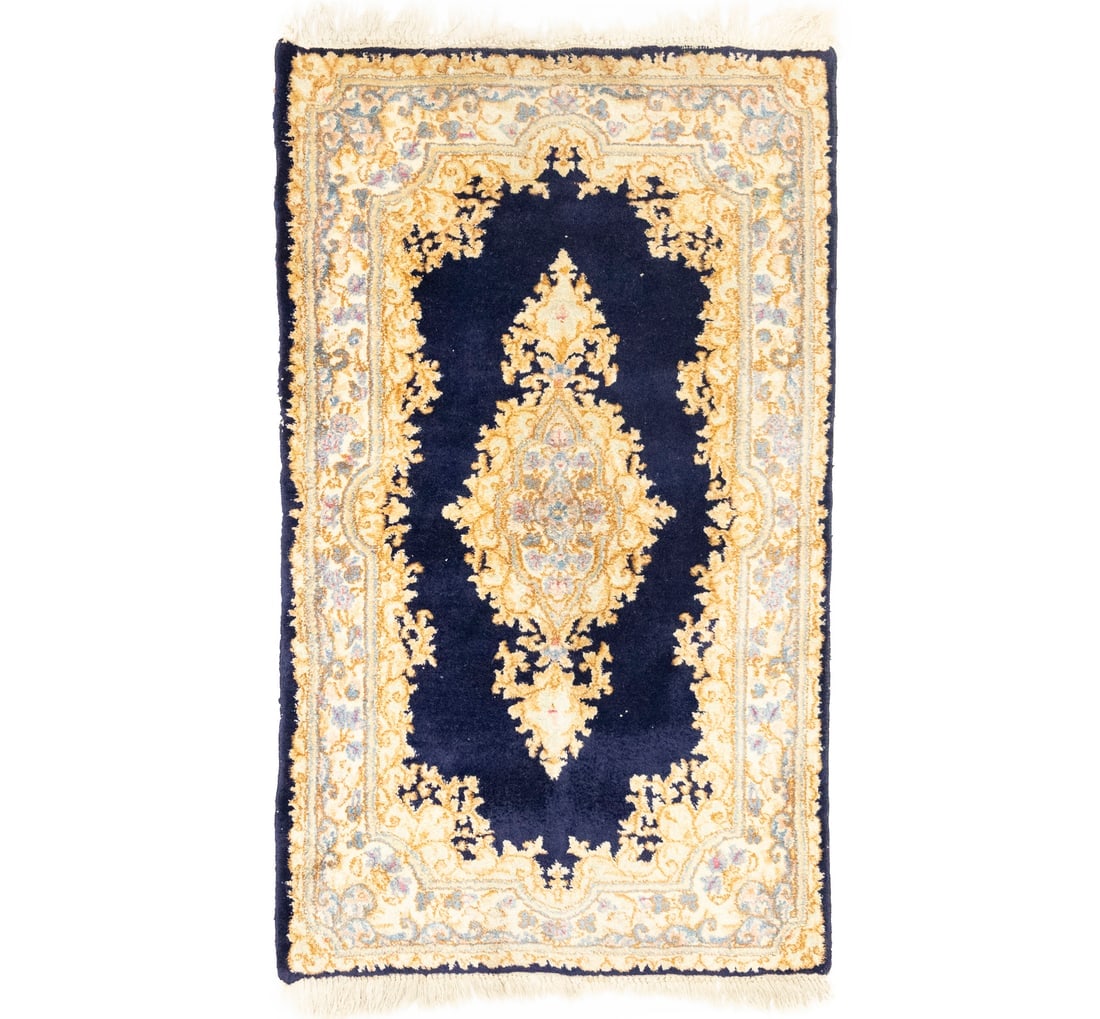 Vintage Traditional Floral 3X5 Kerman Persian Rug: Title: Vintage Traditional Floral 3X5 Kerman Persian Rug Description:Hand Knotted 3X5 dark navy Oriental rug made with natural dyes (fine wool pile and cotton foundation), superior knot count, and app
