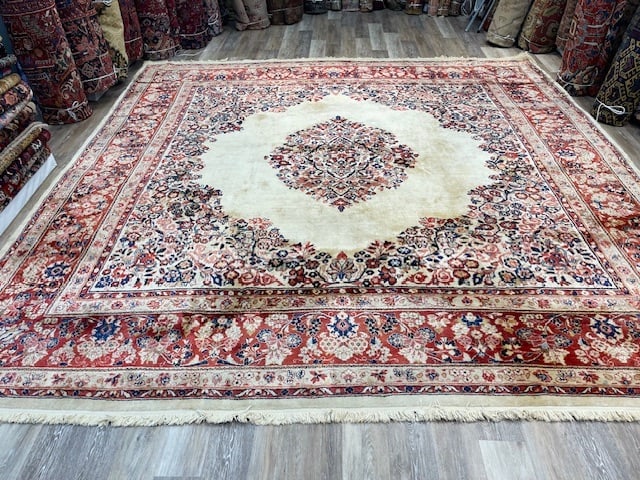 Antique Square Size Persian Sarouk Rug-1048: Title:Antique Square Size Persian Sarouk Rug-1048 Description:Antique persian Sarouk rug from central Persia, square size of 12 ft by 12 ft, circa 1940 in excellent condition with all original ends an