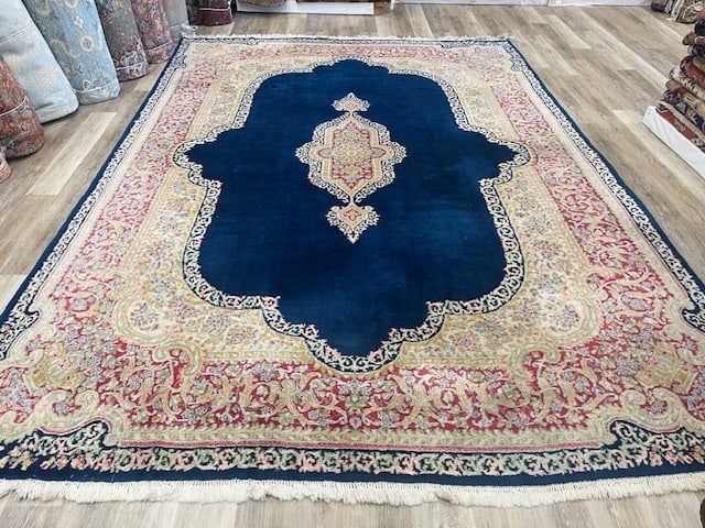 Vintage Persian Kerman Rug-5319: Title:Vintage Persian Kerman Rug-5319 Description:Beautiful blue field Vintage Persian Kerman rug from south east Persia, size 8 ft. 7 inches by 12 ft. 3 inches, circa 1950, in excellent condition wit