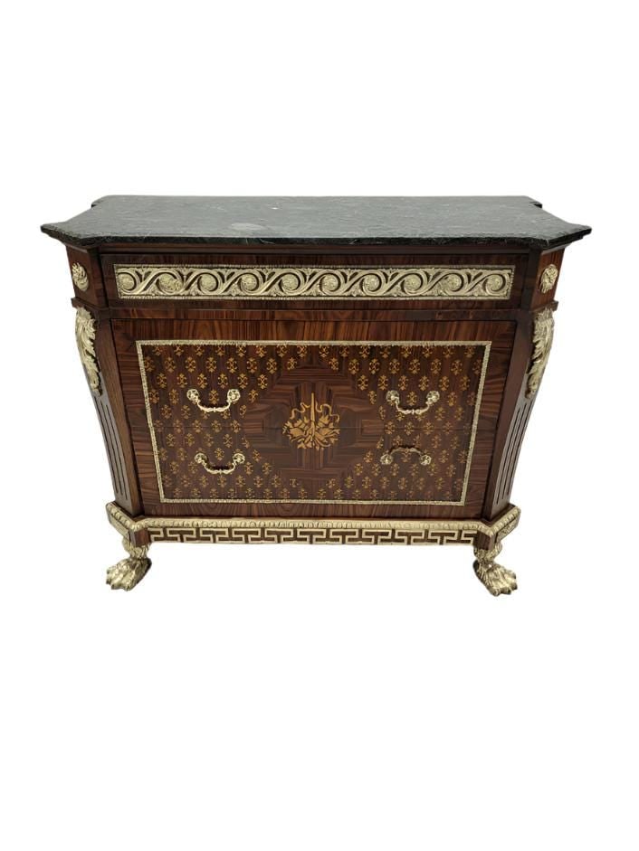 Antique French Empire Style Marquetry Inlay Chest Commode: Title: Antique French Empire Style Marquetry Inlay Chest Commode Description: Antique French Empire Style Marquetry Inlay Commode Chest of DrawersGorgeous French Empire style commode/chest of drawers