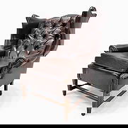 Vintage English Chesterfield Style Wingback Chair Newly Upholstered in Leather: Title: Vintage English Chesterfield Style Wingback Chair Newly Upholstered in Leather Description: Materials: leather, wood Overall width: 32 inches Overall height: 40 inches Overall depth: 33 inches