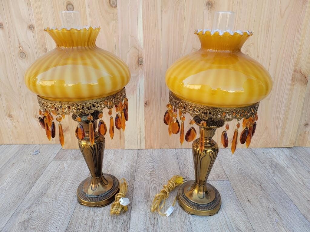 Vintage French Boudoir Style Electric Amber Glass Shade Oil Lamps - Pair - 10