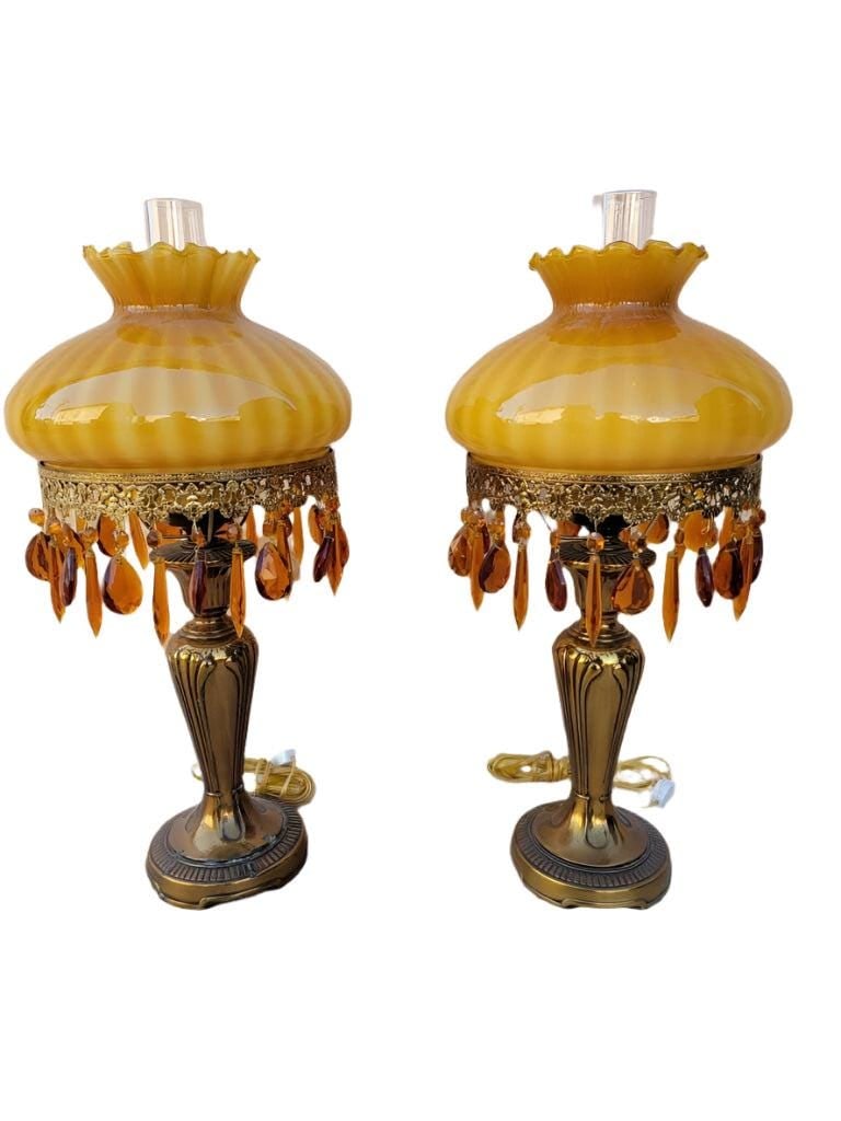 Vintage French Boudoir Style Electric Amber Glass Shade Oil Lamps - Pair - 2